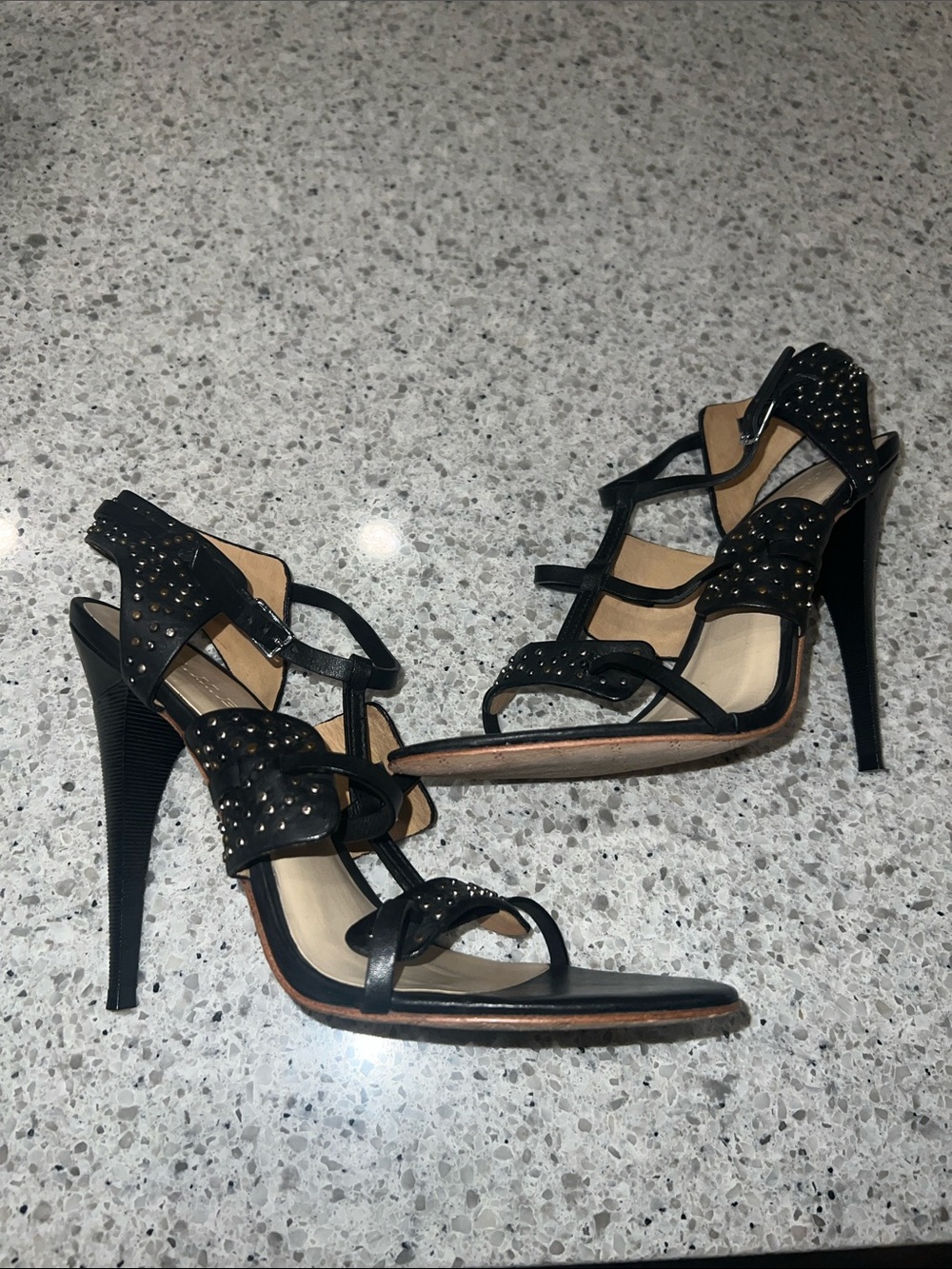 L.A.M.B. - Black Leather Strappy Pumps W/ Studded Trim - Picture 5 of 7